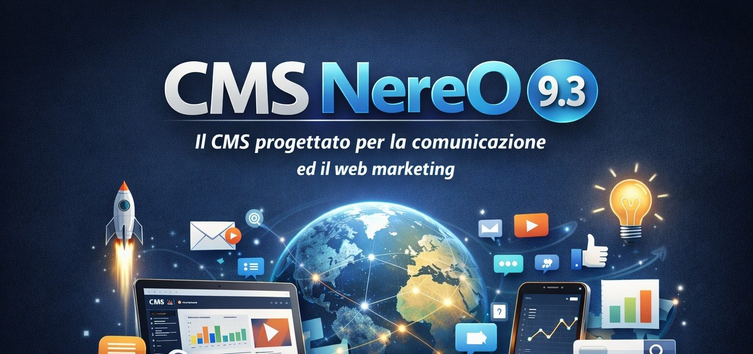 Banner CMS Nereo 9.3 con globo e icone per comunicazione e web marketing